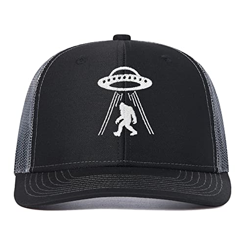 Shenbors Embroidered Trucker Hat Big Foot Under The UFO for Men Women, Sasquatch Baseball Cap, Black Grey Mesh Adjustable Snapback Hat