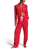 Victoria's Secret Flannel Pajama Set, Long Sleeve Button Down & Pants Set, Sleepwear for Women, Lipstick Logo Dots (XS)