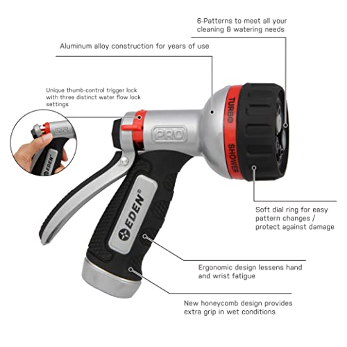 Eden PRO 94830 Metal Rear Trigger 6-Pattern Turbo Nozzle, Heavy Duty Hose Sprayer for Garden, Plants, Lawns, Quick Connect Set Included