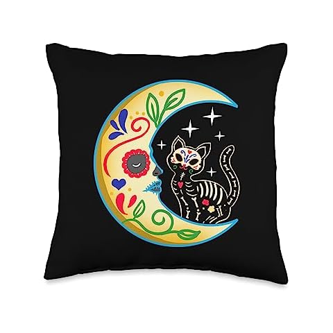 Dia De Los Muertos Cat Apparel Cat & Moon Sugar Skull Dia de Los Muertos, Day of The Dead Throw Pillow, 16x16, Multicolor Cover
