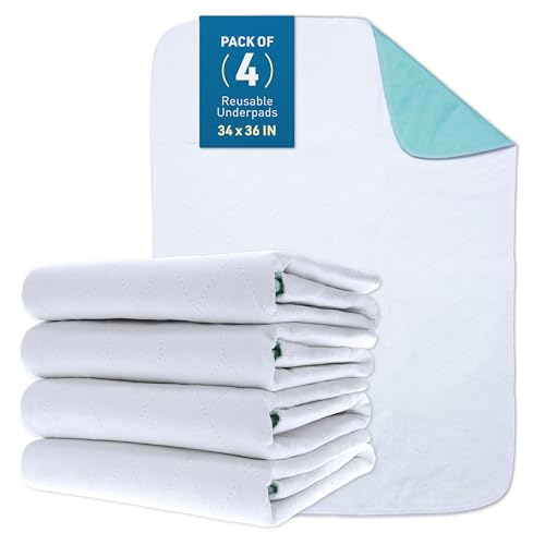 BodyMed Extra Heavy Absorbency Washable & Reusable Underpad, 34 x 36-inch, 4 Pack - Waterproof, Quick Drying, Nursing Incontinence Pad for Seniors, Adults, Pets - Bed, Wheelchair, Furniture Protection