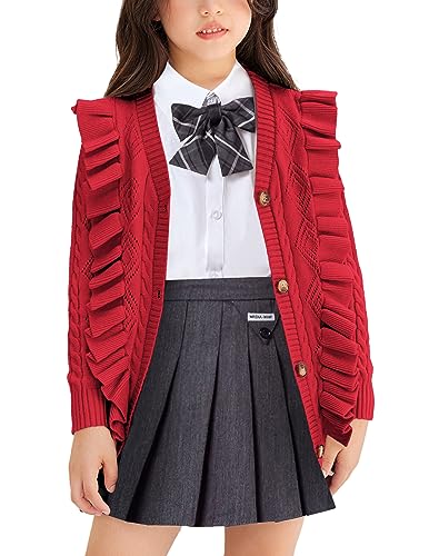 Image of Arshiner Girls Cardigan Sweaters Ruffle School Uniform Sweater V Neck Button Front Outerwear 4-13 Years
