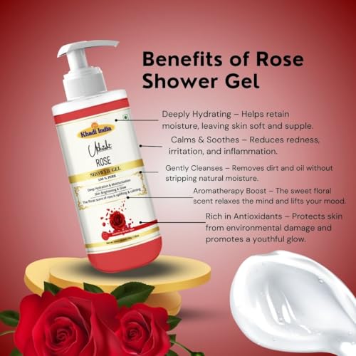 Image of Khadi Rose Body Wash Gel 300 ml | Deep Hydration & Gentle Cleansing | Calms, Soothes & Brightens Skin | Floral Scent Aromatherapy | Body Wash Shower Gel For Women & Men | All Skin Types