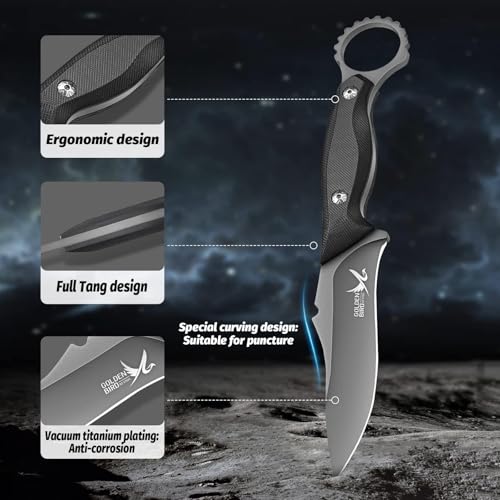 Foto von Golden Bird Outdoormesser mit fester Klinge, 12 cm, Überlebensmesser mit Griff G10, Jagdmesser mit Lederscheide, Outdoormesser