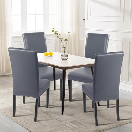 Image of SearchI Waterproof PU Leather Dining Chair Covers Stretch, Set of 4, Gray