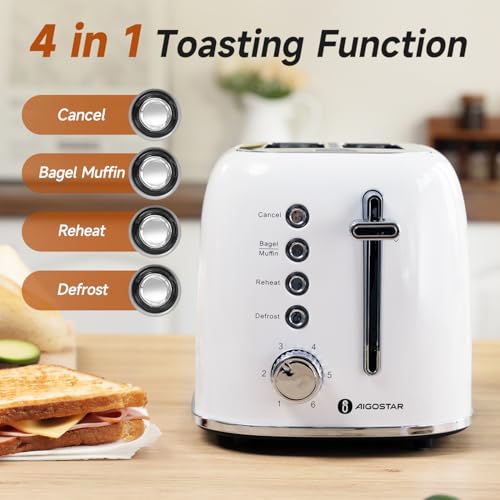 Aigostar Retro 2 Slice Toaster - Stainless Steel, Extra Wide Slots, Bagel Function, Cancel & Defrost, 6 Shade Settings, Removable Crumb Tray, White by Aigostar - Image 2