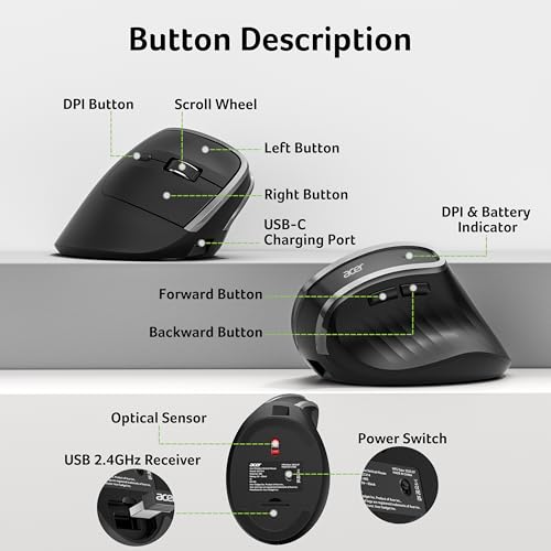 Acer Wireless Ergonomic Mouse, Rechargeable Vertical Mouse, 3 Adjustable DPI 1600/1200/1000, Ergo Mice, 2.4GHz Computer Mouse with 6 Buttons, 2.4GHz USB Receiver for Laptop, PC, Desktop by Acer - Image 9