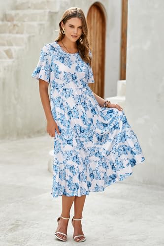 Image of STYLEWORD Womens Summer Casual Short Sleeve Flowy Midi Beach Dress
