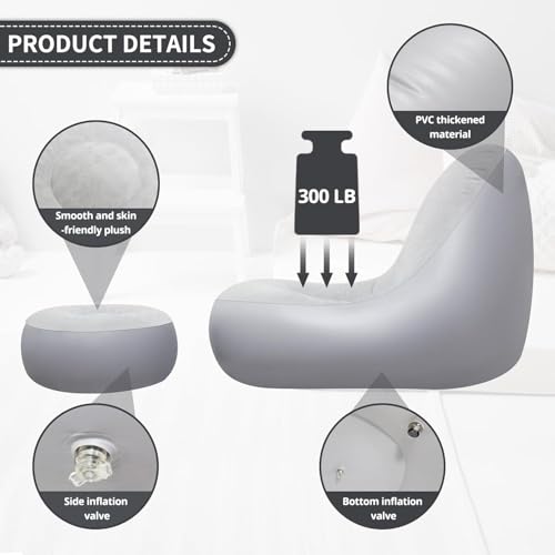 Image of Inflatable Bean Bag Chair for Adults & Kids - Soft Flocked Air Sofa Lounge Seat, Portable Lazy Couch for Living Room, Bedroom Floor Chair (Purple) (L Shape)