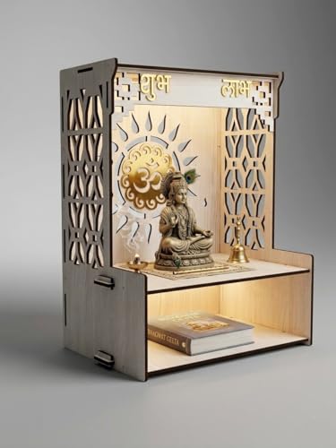 Image of Beautiful Wooden Pooja Stand for Home, Temple, Office, Wall Mounted Puja Mandir with LED Spot Light Size (L- 29 CM, W- 25 CM, H - 37.5 CM)