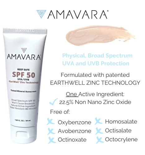 Amavara Tinted Mineral Sunscreen Spf 50, Physical Zinc Based Sunblock, Vegan Waterproof Sun-Shield, Broad Spectrum Reef Safe Suntan Lotion For Sensitive Skin Face & Body, 1.65 Ounces (1-Pack) #TOP1