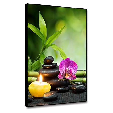 shensu Framed Canvas Wall Art Zen Stones Green Bamboo Orchid Flower Wall Decor Aromatic Candles Still Life Prints Posters Decor Cover