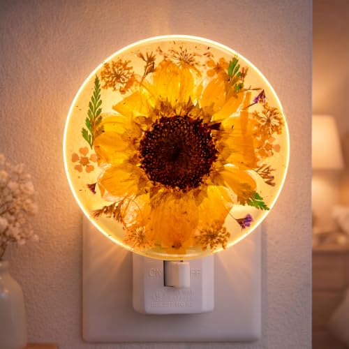 Image of Glooglitter Pressed Flower Night Light Plug in-Handmade Dried Floral Wall Night Light, Glow Decorative Nightlight for Hallway Bedroom Nursery Bathroom, Vintage Botanical (Yellow,Sunflower)