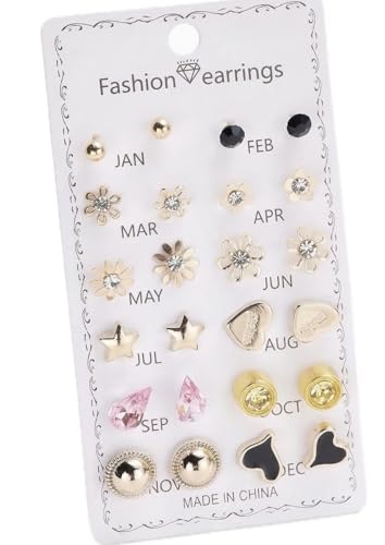 Image of 12 Pairs Trendy Stud Earrings Set with Crystal and Pearl, Heart, Flower, Star and Geometric Styles
