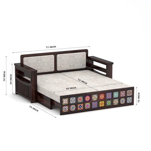 Image of Solid Sheesham Wood Sofa Cums Bed with Cushioned Seating & Handcrafted Tile Storage Front | Rosewood Convertible Sofa Bed for Living Room & Bedroom (Walnut Finish)