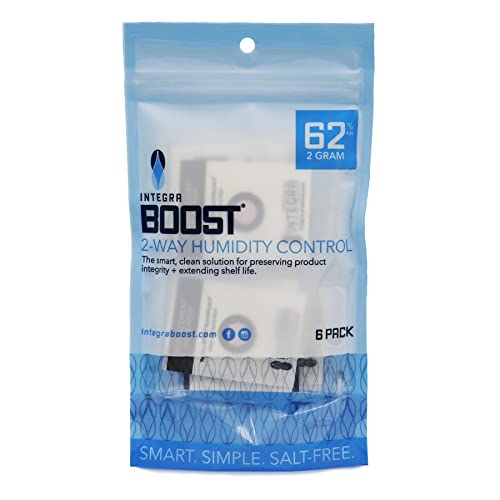 62% RH Level - 2 Gram Size - Two-Way Humidity Control Pack Incl. Replacement Indicator Cards - Moisture Balancer Packet For Food Storage & Preserving Herbs, Protects 1/4 Oz (Pack of 6)
