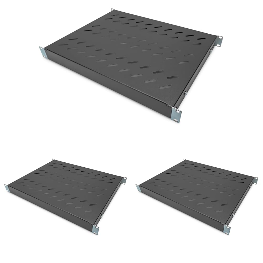 DIGITUS Professional DN-97645 - Fachboden mit Variabler Tiefe zum Festeinbau in 19" Schränke - Traglast 50 kg - ab 600 mm Schranktiefe - 1HE - Farbe schwarz (Packung mit 3)