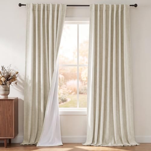 PrinceDeco 100% Blackout Curtains for Living Room, Thick Back Tab/Rod Pocket Black Out Linen Curtains Drapes for Bedroom 96 Inch Noise Reducing Curtains 2 Panel Set, Bleached Sand, W52 x L96
