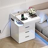 Treocho Led Nightstand with Hidden Space, Modern Night Stand with Charging Station, 3 Drawer Smart Nightstand with Glossy Finish, Tall Bedside Table with RGB Lights for Bedroom, White