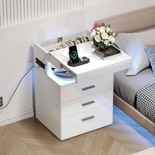 Treocho Led Nightstand with Hidden Space, Modern Night Stand with