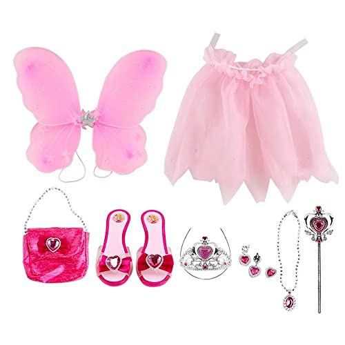deAO - Juego de 10 accesorios para princesas de hadas, incluyendo un par de zapatos, tutu, alas de hadas, joyas y bolso pequeño y más (rosa)