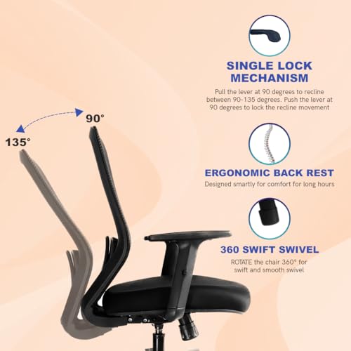 Image of Kepler Brooks Verve Office Chair for Work | 3-Year Warranty | Ergonomic Office Chair, Study Chair for Home, 2D Arms, Adjustable Lumbar, Single Lock Recliner, Heavy Duty Nylon Base (Black)