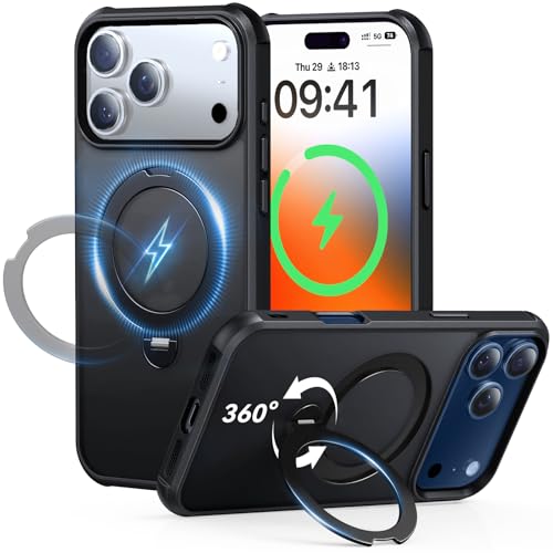 Peerock 360 Spin Magnetic Stand (Pro-Version) for iPhone 17 Pro Max Case (Compatible with MagSafe) [Military Drop Protection] Matte Translucent Shockproof Protective Phone Case 6.9'', Black - image 1