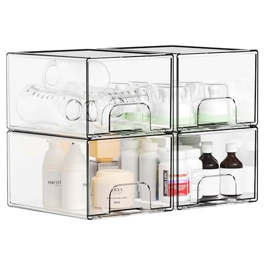 Yieach 4 Pack Stackable Storage Drawers,4.4" Tall Makeup Organizer Countertop,Clear Acrylic Storage Containers Bins for Vanity,Bathroom,Undersink,Plastic Baby Bottle and Medicine Cabinet Organization