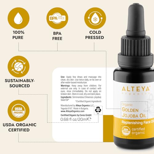 Alteya Goldenes Bio-Jojobaöl 20 ml – USDA-zertifiziertes organisches reines natürliches Trägeröl – feuchtigkeitsspendende und pflegende Behandlung für Haut, Haare und Kopfhaut
