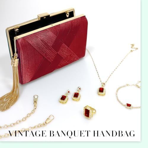 Image of 5 Pcs Clutch Purses for Women Jewelry Set Handbag with Necklace Earrings Ring Bracelet Vintage Banquet Handbag with Detachable Chain for Wedding Party Gift Supplies