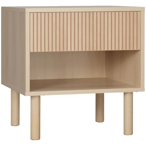 HOMCOM Mesita de Noche, Mesilla de Noche con Cajón y Estante Abierto, Estilo Moderno, Mesita Auxiliar para Dormitorio, Salón, 47x47x50 cm, Madera Natural