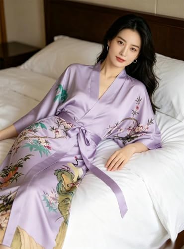Image of Women's Classic 100% Silk Kimono Robe, Bathrobe-Printed Pattern
