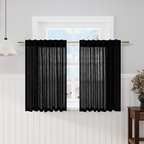 Black Kitchen Curtains 36 Inch Length Set 2 Panel Back Tab Pocket Semi Sheer Light Filtering Short Drapes Linen Modern Farmhouse Curtain Tiers for Cafe Bathroom Basement Small Window 52x36