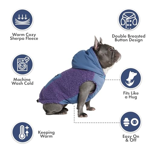 Image of Spark Paws Reversible Dog Hoodie, Sweater for Winter Cold, Warm Clothes for Small Medium Large Breeds - Purple and Navy Blue - L
