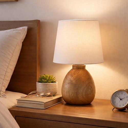 Image of Wooden Bedside Table Lamp with Fabric Shade, Warm Ambient Light, Handmade Mango Wood Base, Rustic Farmhouse Design, Cute Dowel, 15 x 15 x 25 cm (White)