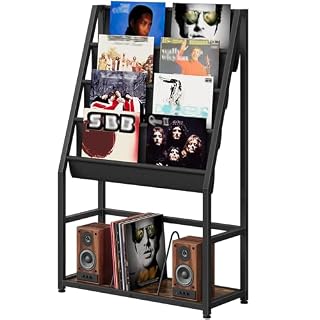 5-Tier Record Player Stand with Oxford Fabric Slots, Vinyl Record Storage Holder Rack with 4-Tier Display Shelf, Vinyl Record Organizer, for Records, Magazines, Black and Rustic Brown TCW05BF - Les Beatles, Paul McCartney, John Lennon, RIngo Starr, George Harrison