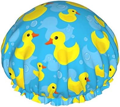 Rubber Duck Shower Cap for Women Reusable Double Layers Waterproof Shower Hair Protector PEVA Lined Shower Hat for All Long Hair Lengths, Stretchy Adjustable Shower Caps