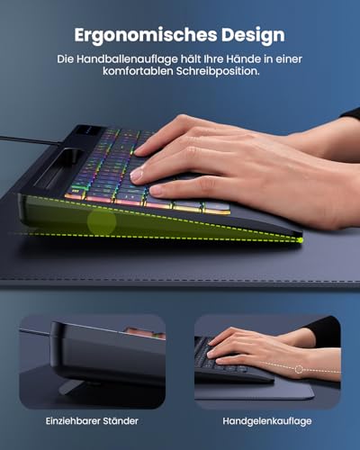 Miniatura 4 de Seenda Teclado Con Cable Iluminado, Teclado Ergonómico Con Soporte Para Teléfono Móvil Y Reposamuñecas Para Pc Tableta Smarthandy Windows Mac, Cable Usb Y Tipo C, Clic Silencioso, Diseño Qwertz, Color