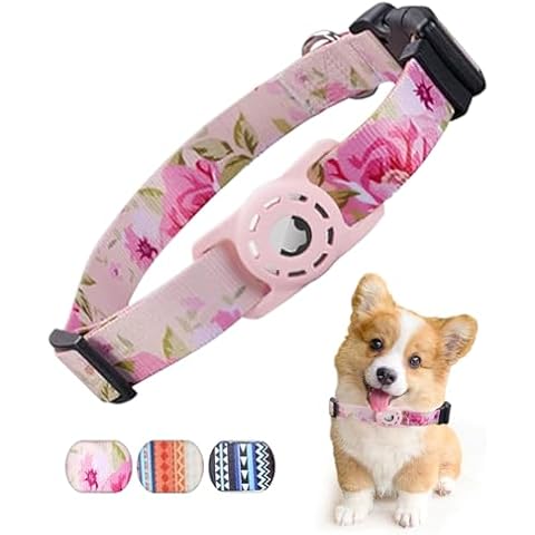 EnjoIt AirTag Dog Collar, Polyester Pet Puppy Collar with Silicone Adjustable AirTag Accessories Pet Collar for Small Medium Dogs Pink L Cover