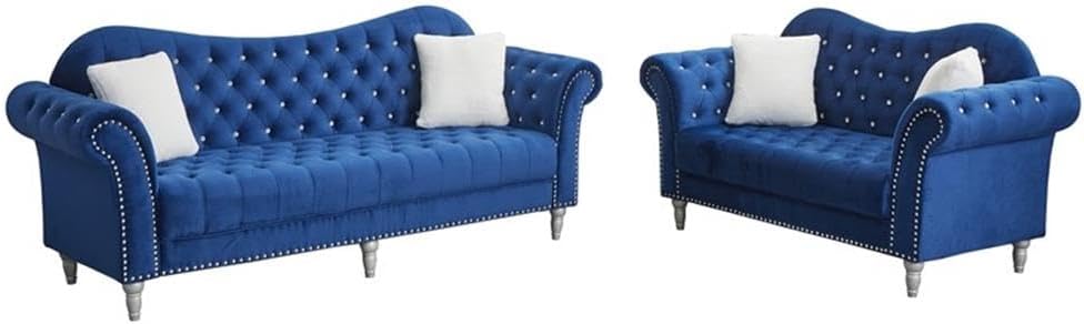 Pemberly Row Modern Velvet Sofa Set, 2-Piece Button Tufted Sofa and Loveseat, Blue Upholstery, Wooden Legs, Contemporary Living Room Furniture for Home or Office Use