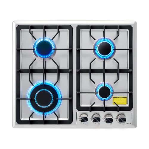 VEVOR Estufa de gas de 24 pulgadas, 4 quemadores, máx. 27000 BTU, estufa de acero inoxidable integrada LPG/NG, convertible, doble combustible, con protección termopar para cocina, apartamento