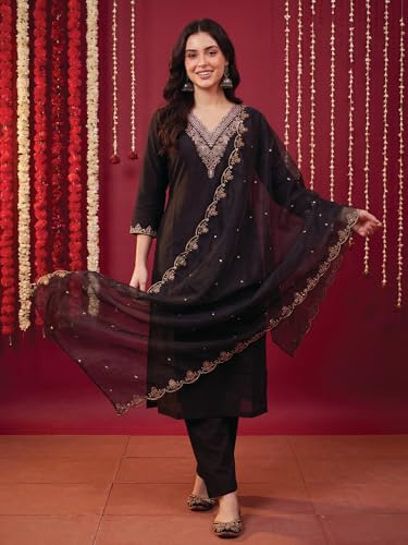 Image of INDO ERA Women's Black Silk Blend Embroidered Mirror Work Kurta & Pant with Dupatta Set (IEDDAI484)