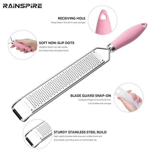 Image of Rainspire Zester Grater with Handle, Lemon Zester Cheese Grater for Kitchen Stainless Steel, Parmesan Cheese Garlic Nutmeg Chocolate Fruits Vegetables Ginger Grater, Fine (Pink)