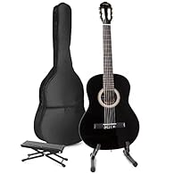Complete acoustic guitar starter kit made for beginners; includes Max SoloArt classical nylon-string guitar, adjustable footrest stool and sturdy guitar stand, ideal for practising comfortably at home. The included digital clip-on tuner features a br...