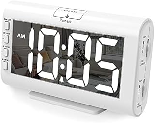 Plumeet Digital Alarm Clock 5.3'' Large LED Screen Clock, Electric Clocks Mirror Surface for Makeup - Brightness Dimmer and Alarm Volume - Desk Clock for Bedroom - Snooze and Dual USB Port, Black