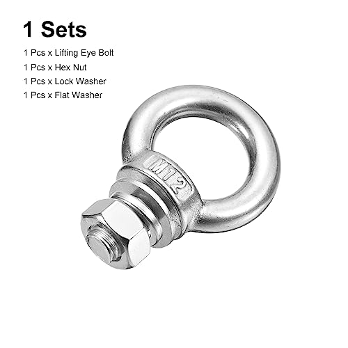 Image of uxcell Lifting Eye Bolt, 1 Set M12x20mm Eye Bolt with Nut Washer 304 Stainless Steel Shoulder Lifting Ring Eye Bolt for Hanging Item