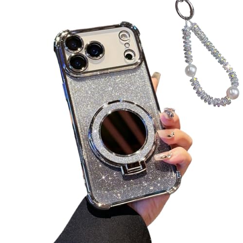 Sparkling Diamond Women's Phone Case with Mirror & Stand for iPhone 15/16/17 Pro Max, Mirror Phone Case With a phone strap (16pr