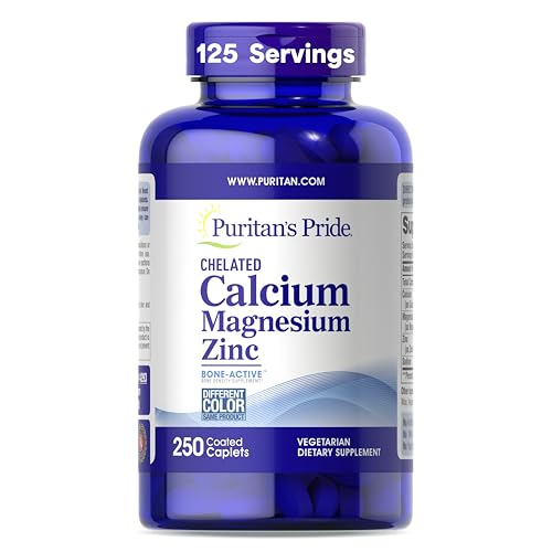 Puritan's Pride Premium Chelated Calcium Magnesium Zinc with Bone-Active™, Dietary Supplement for Bone Health and Immune Function Support, 250 Coated Caplets