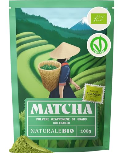 NaturaleBio Tè Verde Matcha Biologico in Polvere 100g. Grado Culinario. The Matcha Prodotto in Giappone. Ideale per Dolci, Frullati, Tè Freddo, Latte e in Cucina Come Ingrediente nelle Ricette