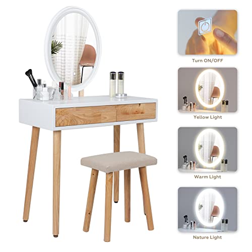 Yourlite Makeup Vanity Desk With Lights,Small Vanity With Adjustable Brightness Mirror For Samll Spaces,Vanity Desk With Drawers (31.5", Oval Mirror Wood) #TOP1